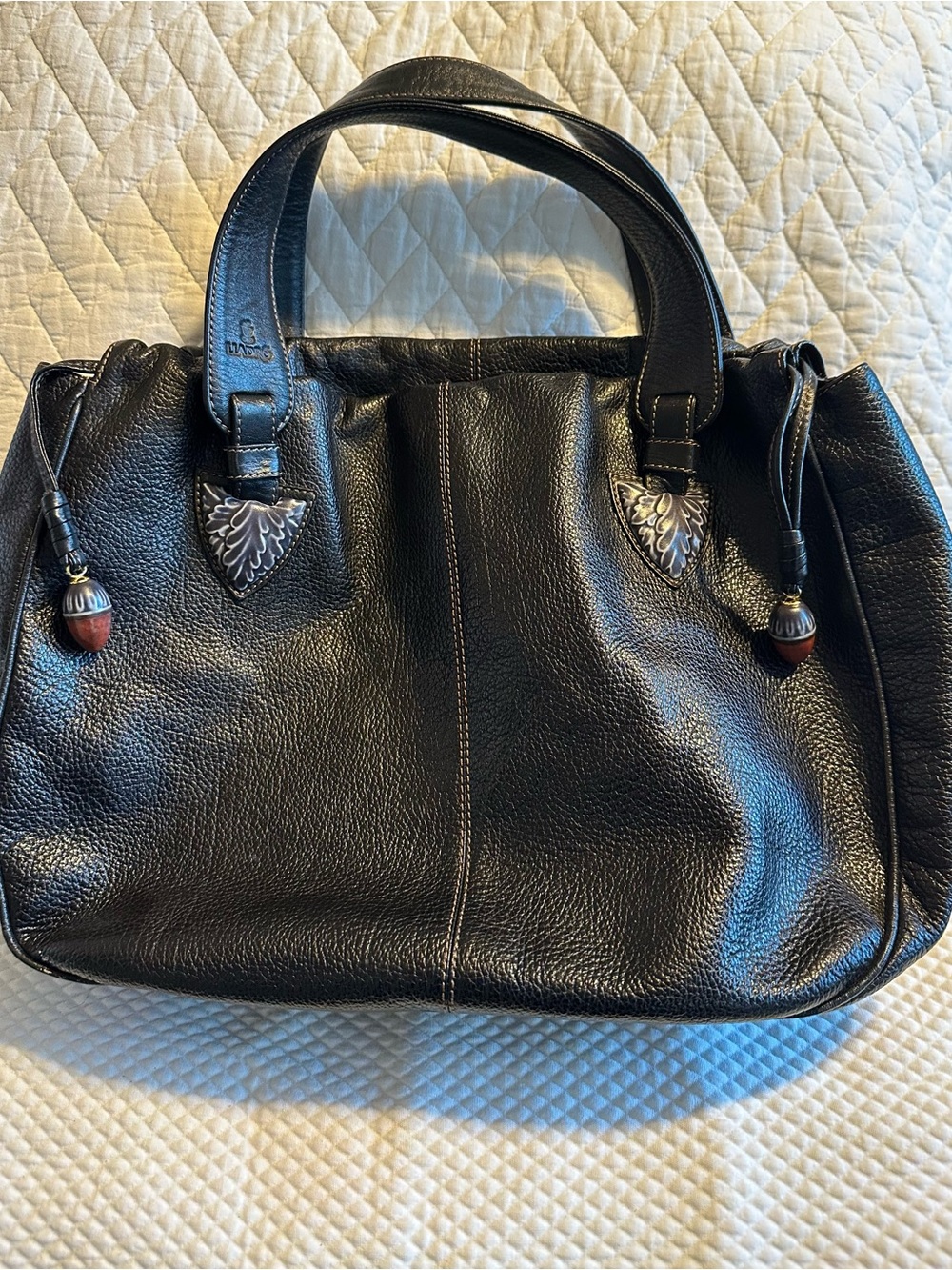 Vintage Lladró Spain black leather handbag ceramic detai